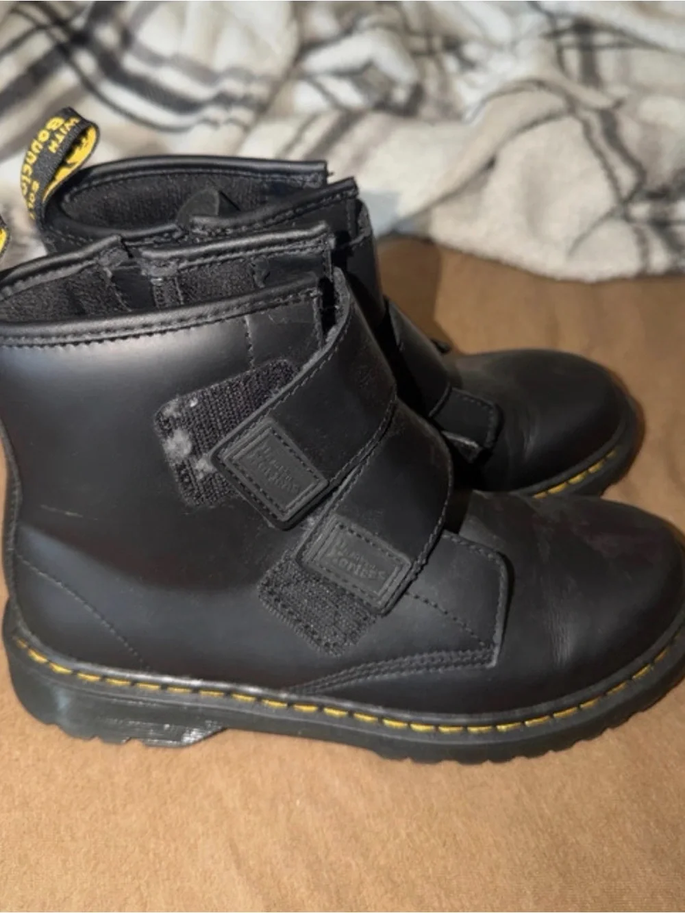 Dr. Martens Black Kids Velcro Combat Boots with Yellow Stitching